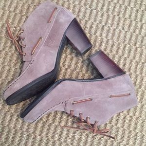 Mock taupe suede 2&3/4”stacked heel women’s shoe.